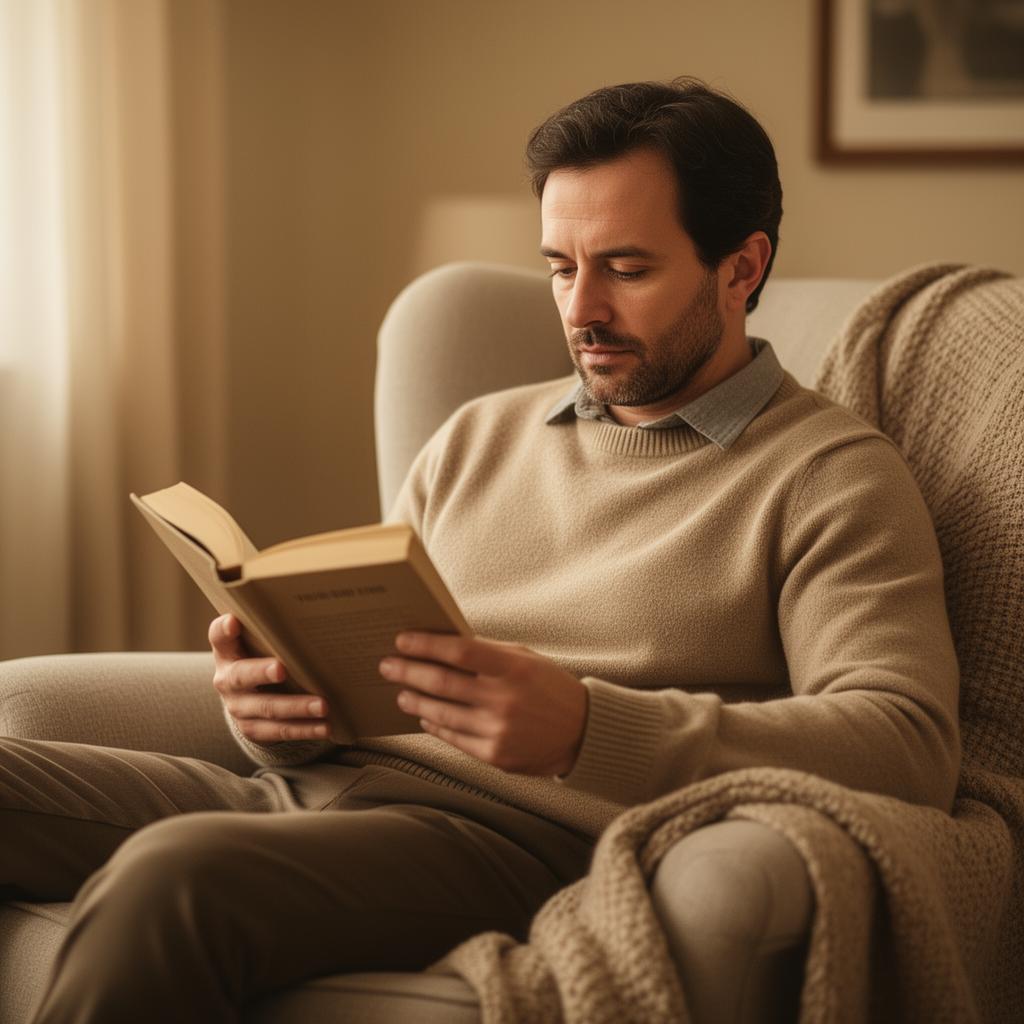 Pai lendo um livro com atenção